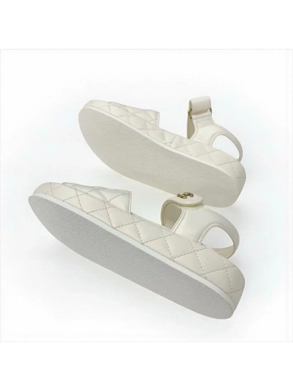 Chanel Sandals Shoes Leather White Gold Quilted Coco Mark Logo Velcro - Picture 6 of 10